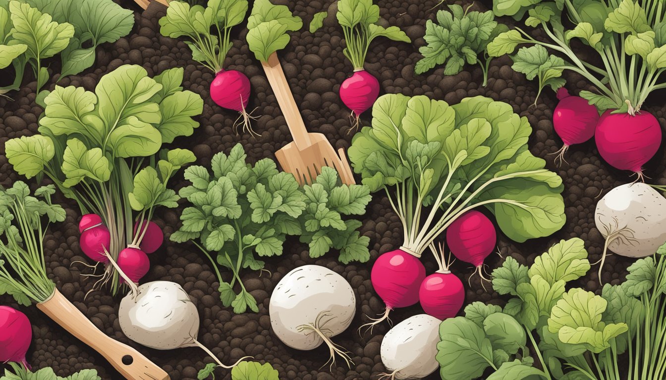 Radish tops in compost pile surrounded by natural gardening tools and chemical-free plants