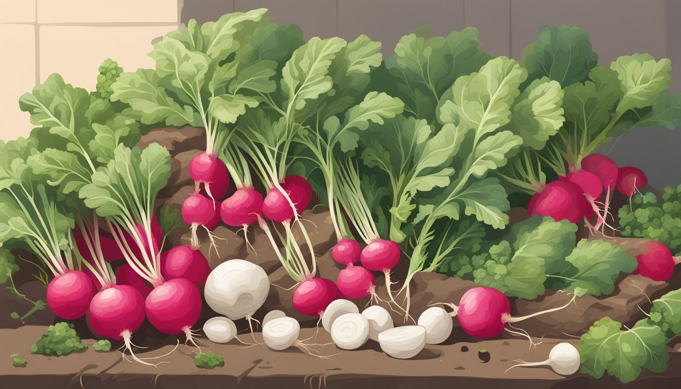 A pile of radish tops and other compostable materials in a backyard garden