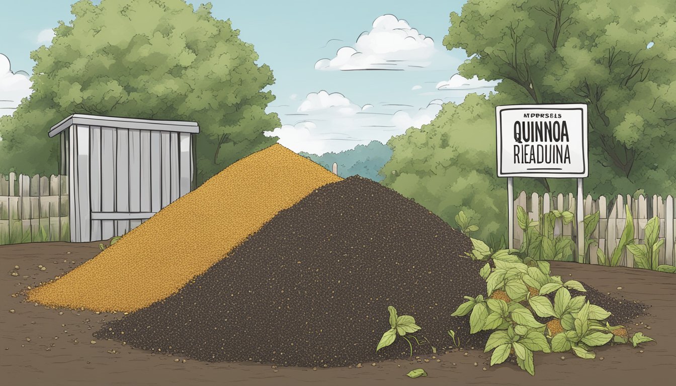 A compost pile with a sign listing excluded ingredients, including quinoa