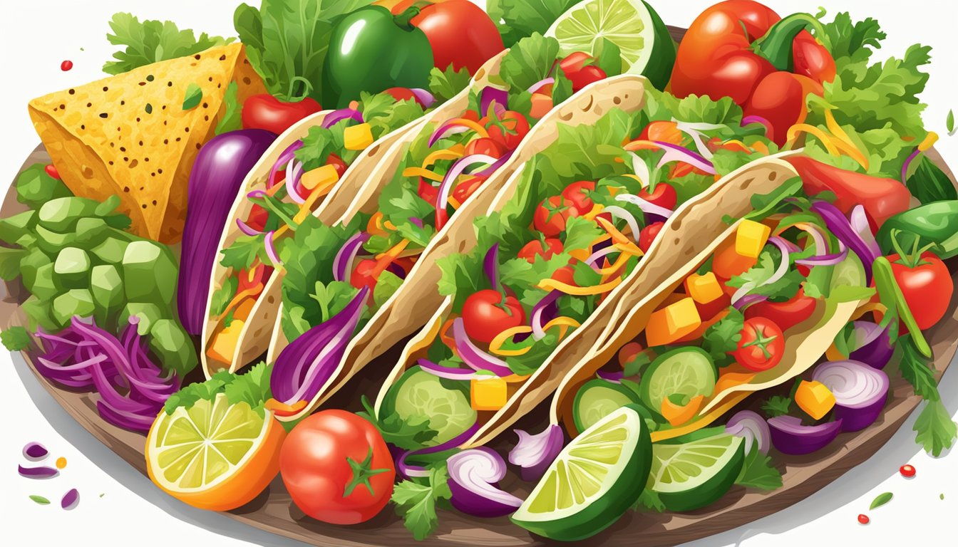 A colorful array of fresh vegetables and lean proteins arranged around a vibrant, inviting taco shell