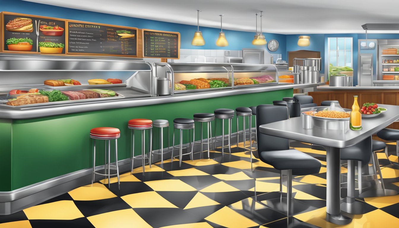 A colorful diner counter with a sizzling steak and a variety of fresh, healthy options displayed on the menu board