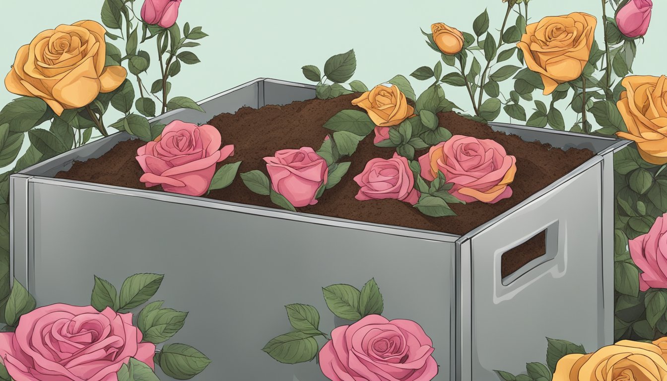 Roses being cut and placed in a compost bin