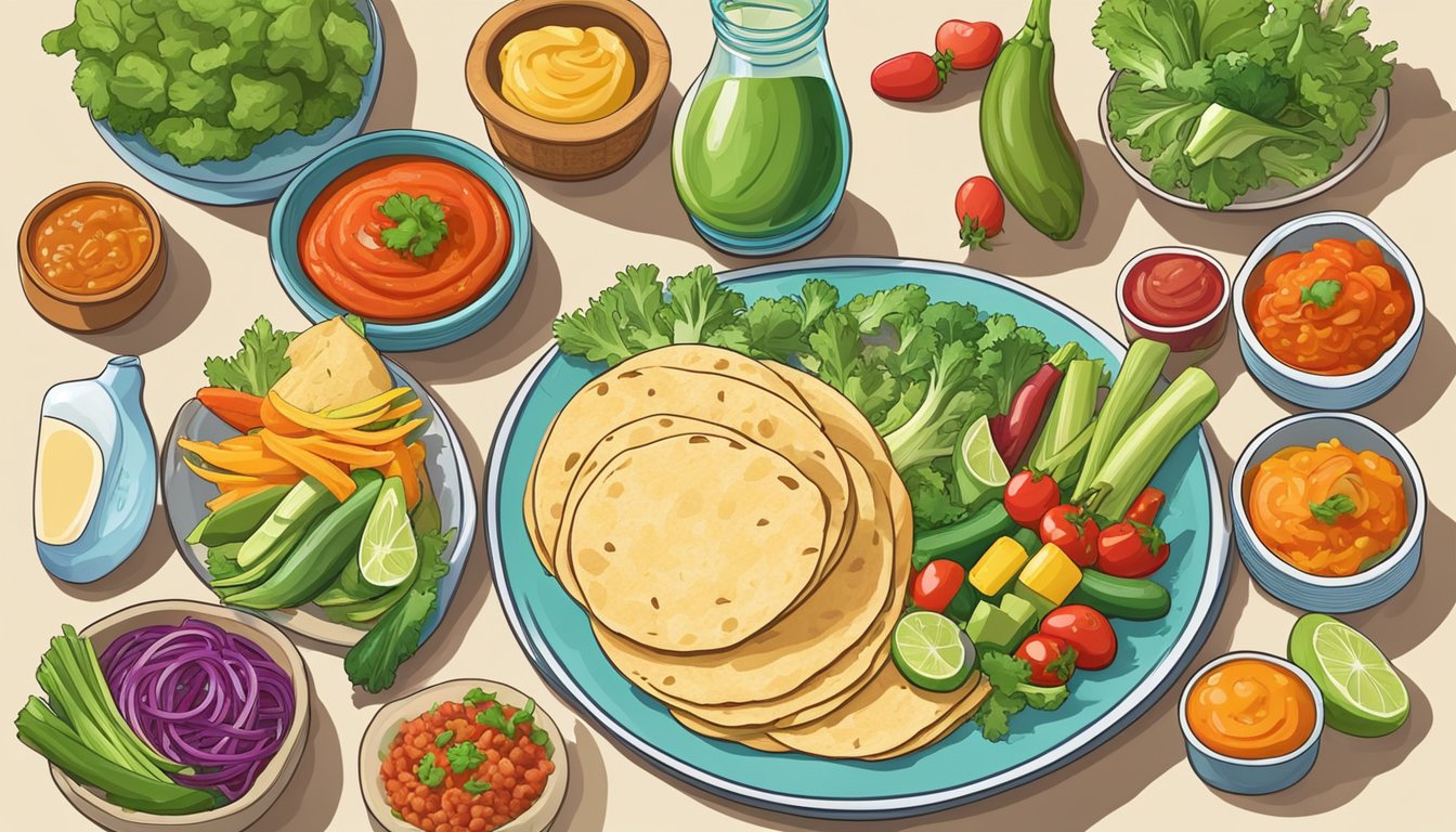 A colorful array of fresh vegetables and lean proteins arranged on a vibrant plate, with a side of whole grain tortillas and a variety of salsas