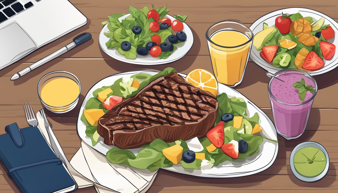 A table set with a grilled steak, vibrant salad, and a fruit smoothie, surrounded by fresh ingredients and a meal planning notebook