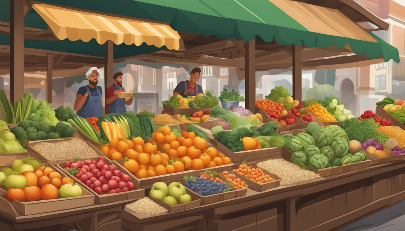 A vibrant market stall with an array of fresh fruits, vegetables, and whole grains. A friendly vendor offers advice to a customer