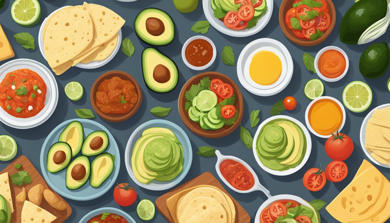 A colorful spread of fresh ingredients, including avocados, tomatoes, and lean meats, arranged on a table next to a variety of whole grain tortillas and salsas