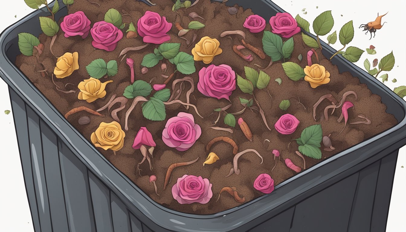 A pile of decomposing rose petals and stems surrounded by earthworms and other decomposers in a well-aerated compost bin