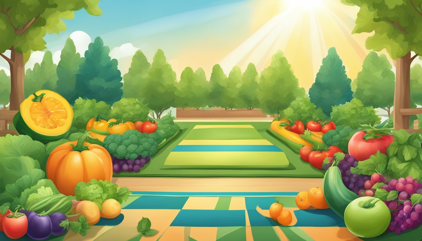 A vibrant garden with fresh fruits and vegetables, a yoga mat, and a smiling sun, symbolizing the expansion of benefits beyond health