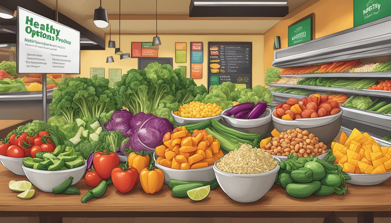 A colorful array of fresh vegetables and lean proteins arranged on a table, with a sign promoting "healthy options" at Taco Bueno