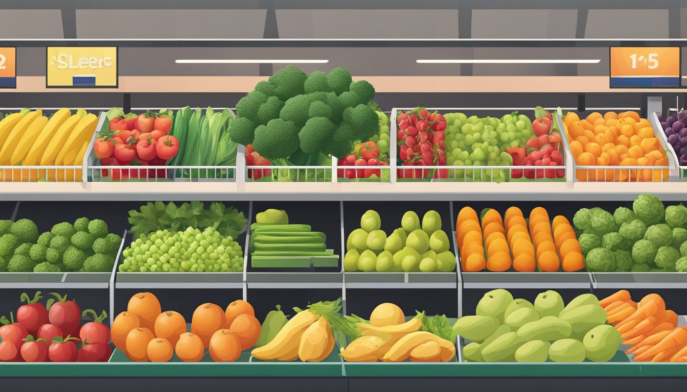 A diverse selection of fresh fruits and vegetables arranged neatly in a colorful display at a local grocery store