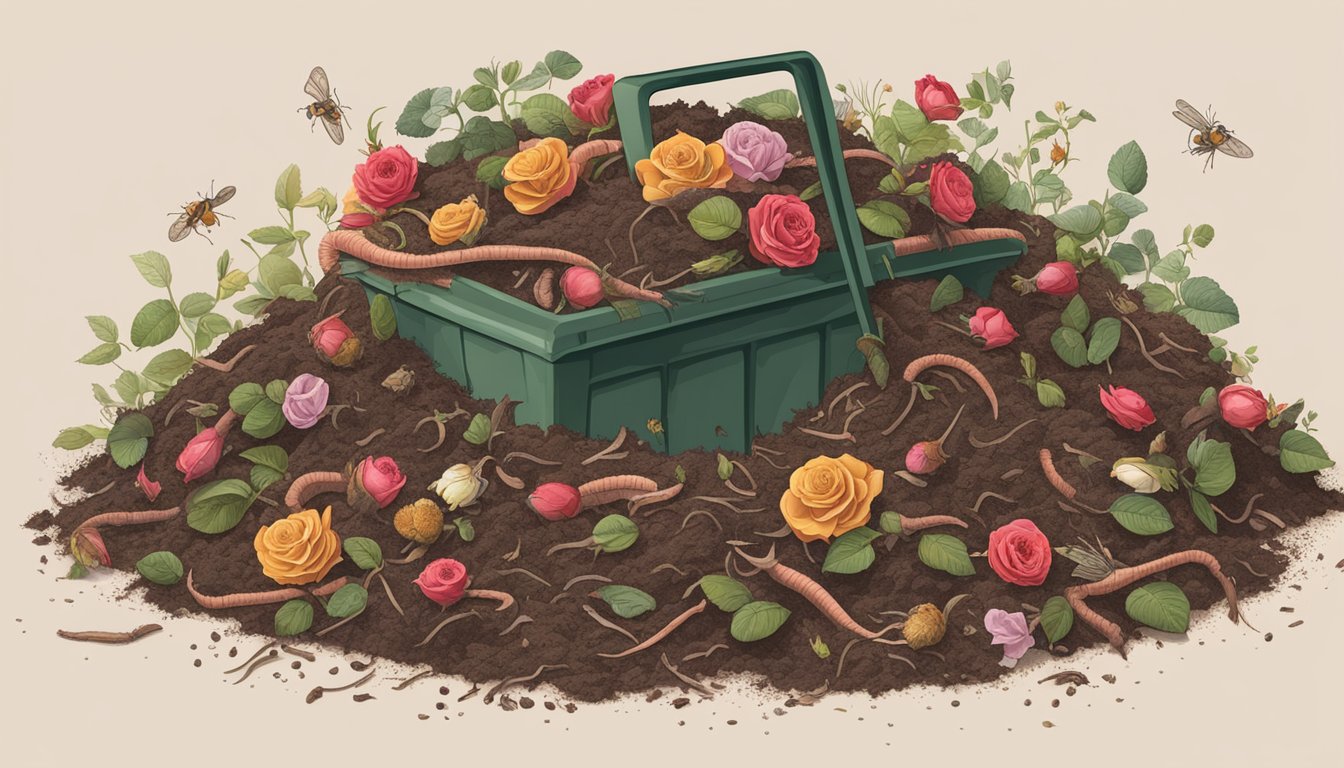 A pile of decomposing roses surrounded by earthworms and other insects in a backyard compost bin