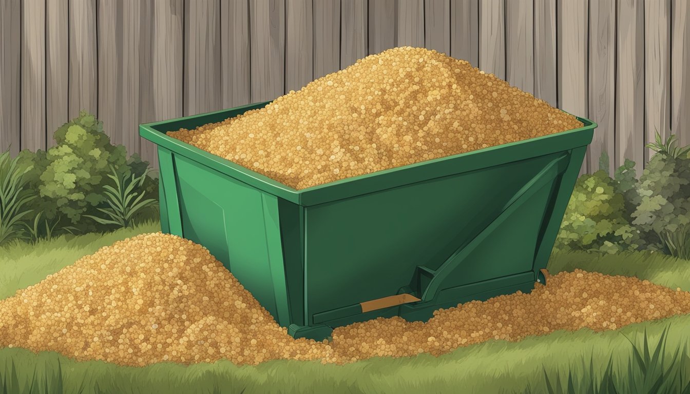 A pile of quinoa grains and compostable food waste in a backyard bin