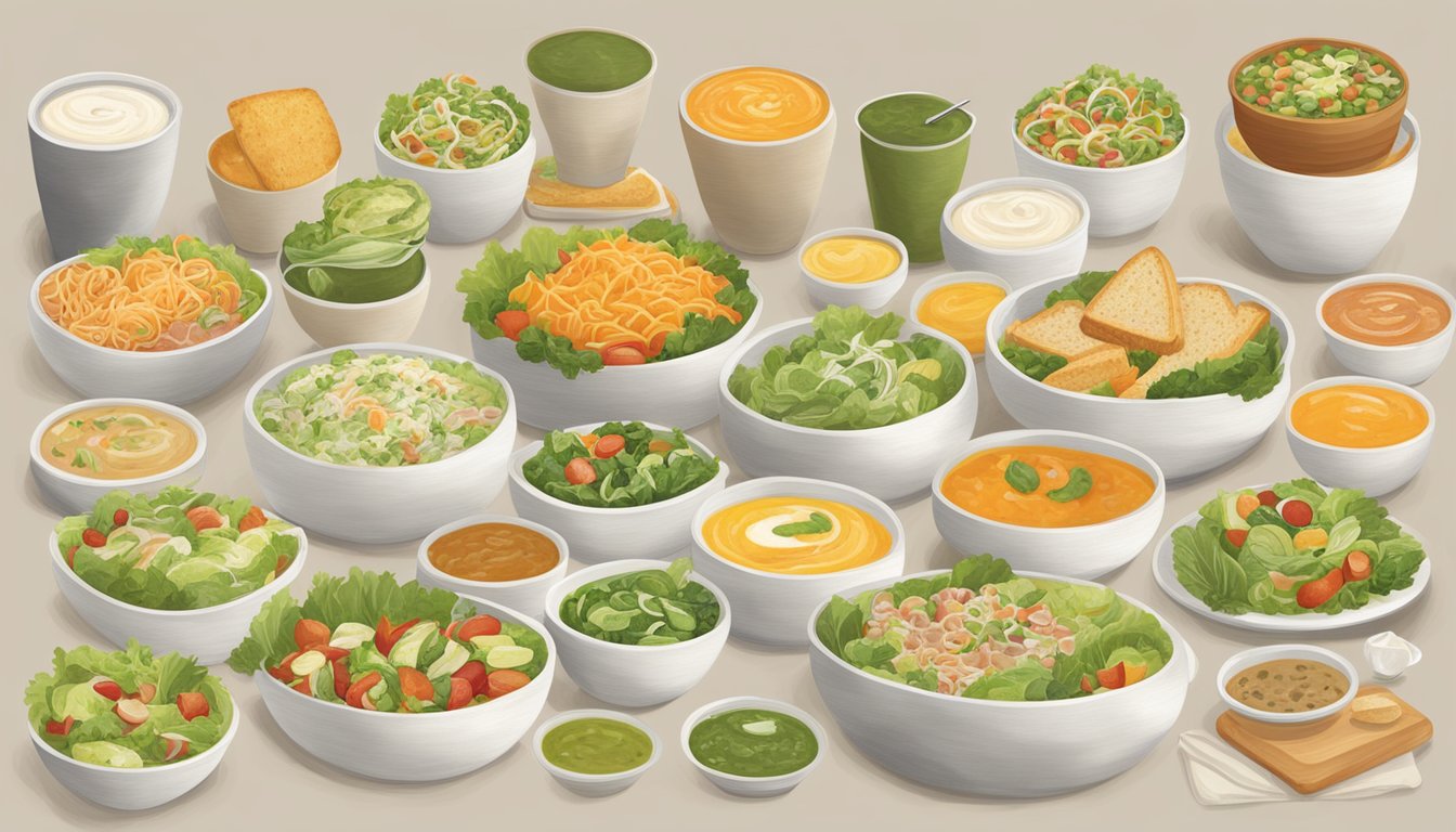 A colorful display of fresh salads, sandwiches, and soups at a Panera Bread restaurant, with nutritional information readily available