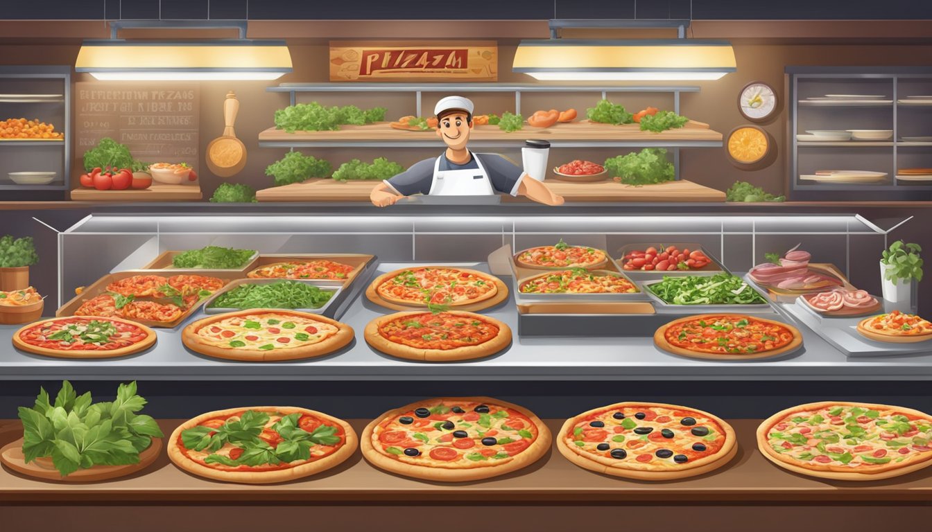 A colorful pizzeria counter with fresh ingredients and a variety of healthy pizza options displayed on a menu board