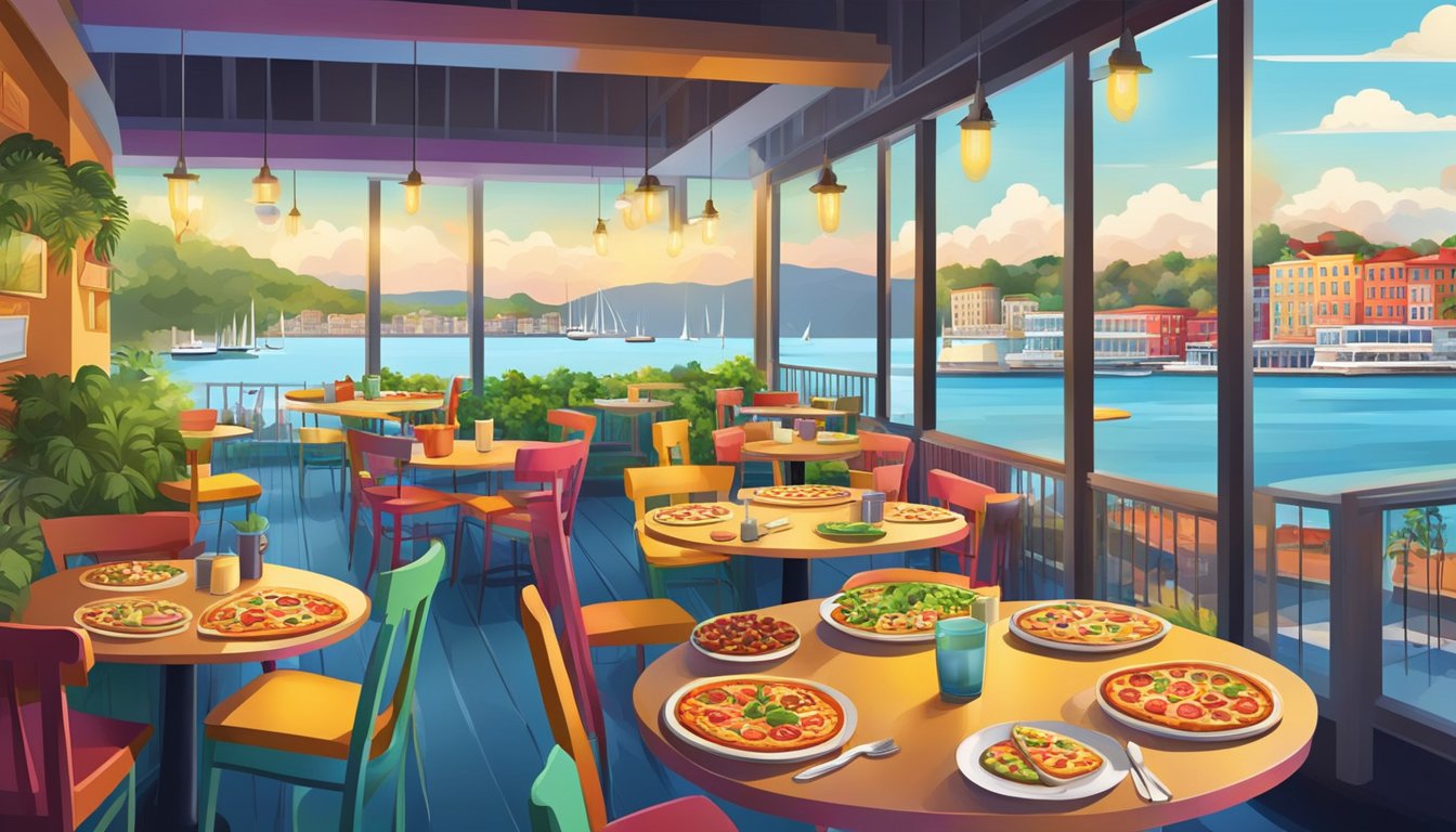 A colorful, vibrant pizza restaurant with fresh ingredients and a waterfront view