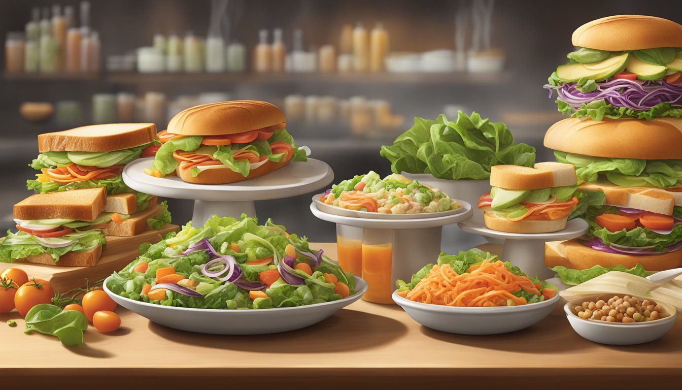 A colorful display of fresh salads, steaming soups, and stacked sandwiches at Panera Bread, with vibrant ingredients and inviting presentation