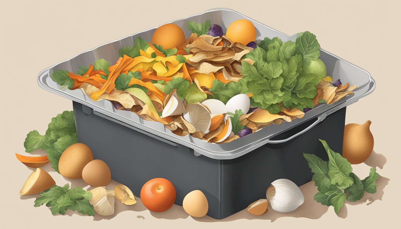 A compost bin filled with vegetable scraps, fruit peels, and eggshells, with a discarded quiche sitting on top