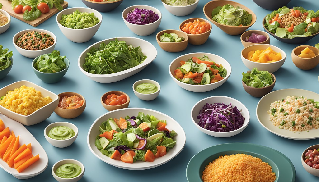 A colorful array of fresh salads, grain bowls, and vegetable-based small plates displayed on a clean, modern counter at Panera Bread