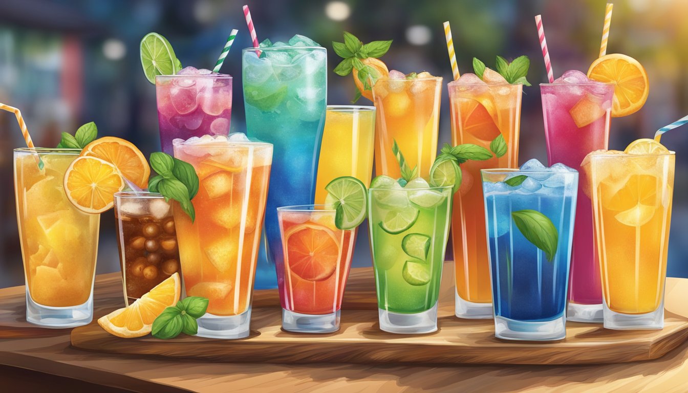 A colorful array of fresh, vibrant beverages arranged next to a delicious and healthy pizza on a menu board in North Bay Village