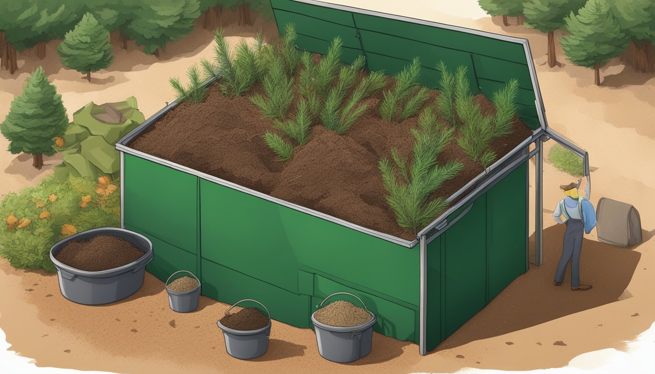 Pine needles being added to a compost pile, surrounded by other organic waste and a compost bin