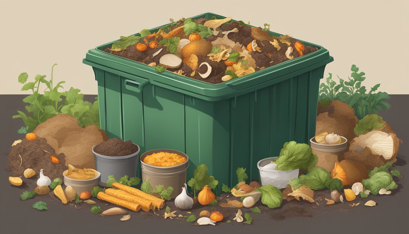 A compost bin filled with various food scraps, including a discarded quiche, surrounded by decomposing animal products and organic matter