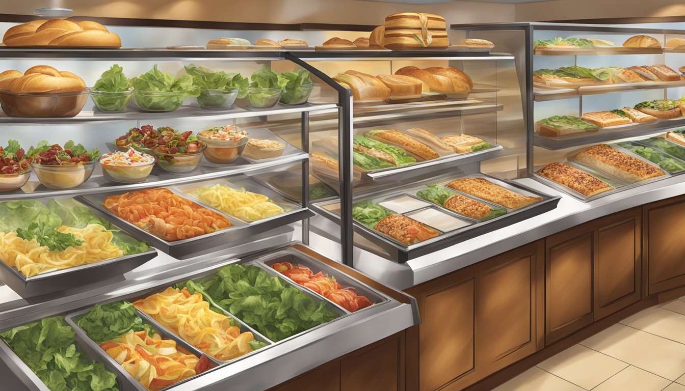 A display of fresh, colorful salads and sandwiches next to decadent pastries at a Panera Bread bakery