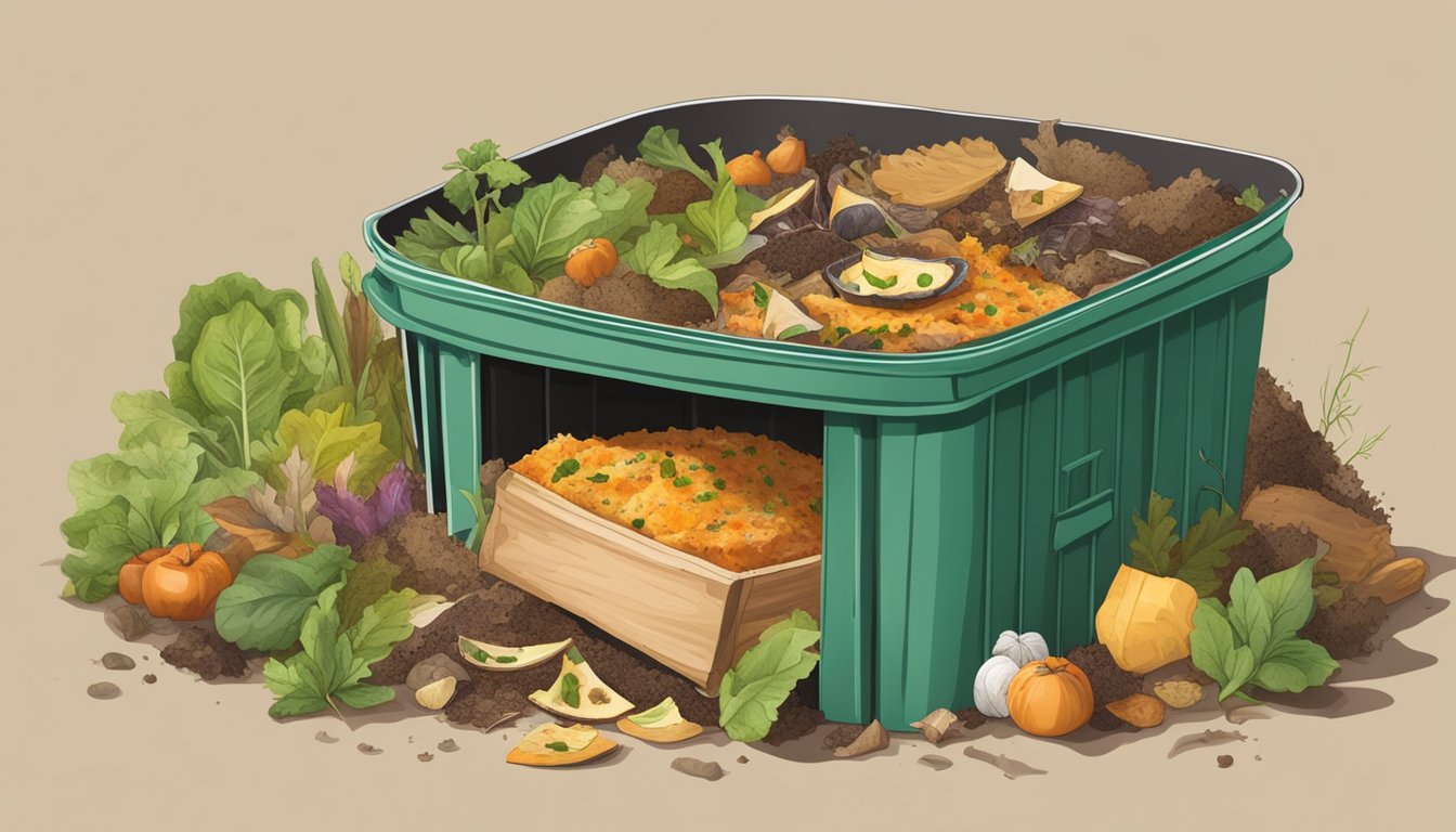 A compost bin with a discarded quiche inside, surrounded by various food scraps and organic matter