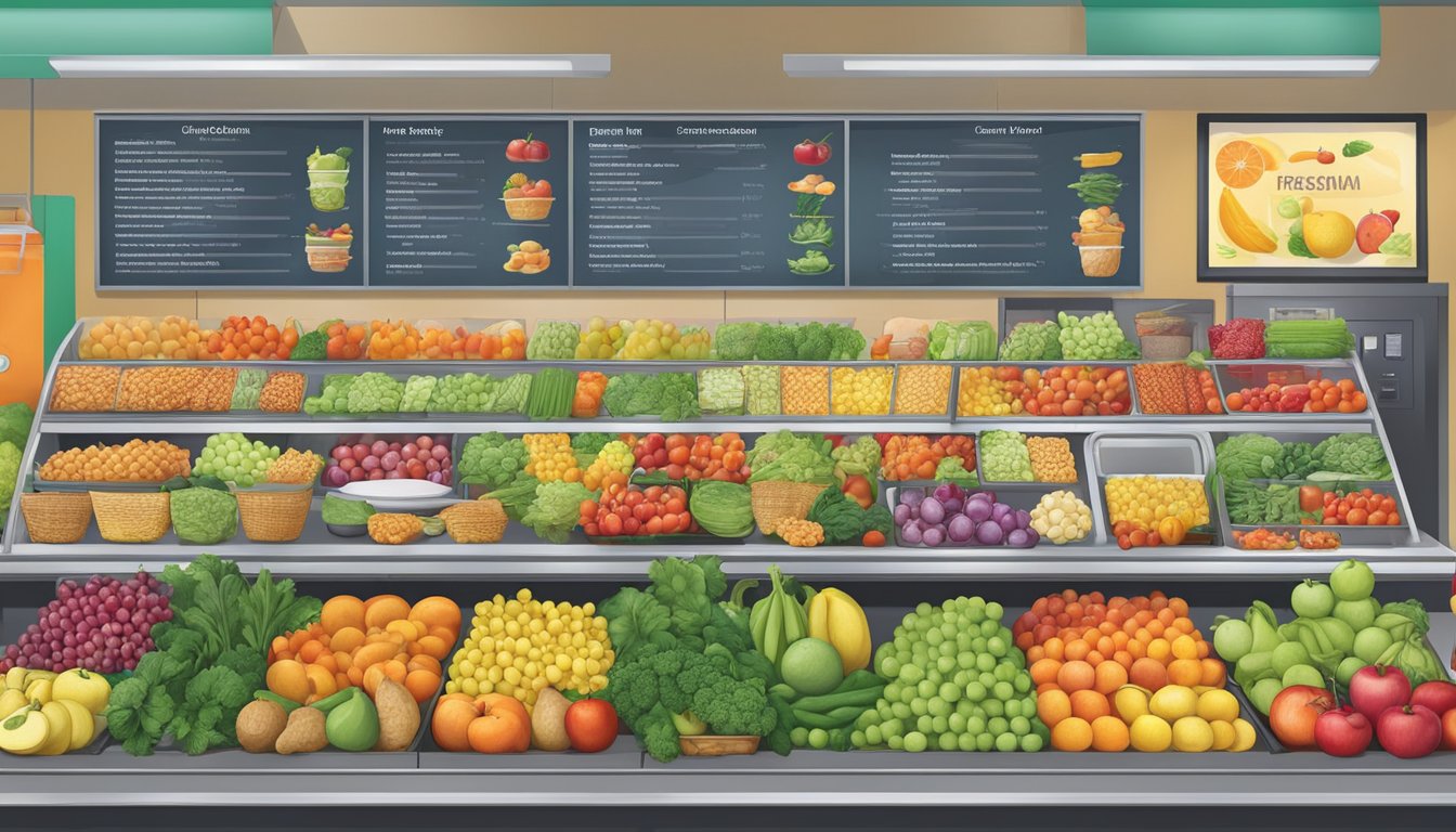 A diverse array of fresh fruits, vegetables, and lean proteins displayed on a colorful menu board at a bustling chain restaurant