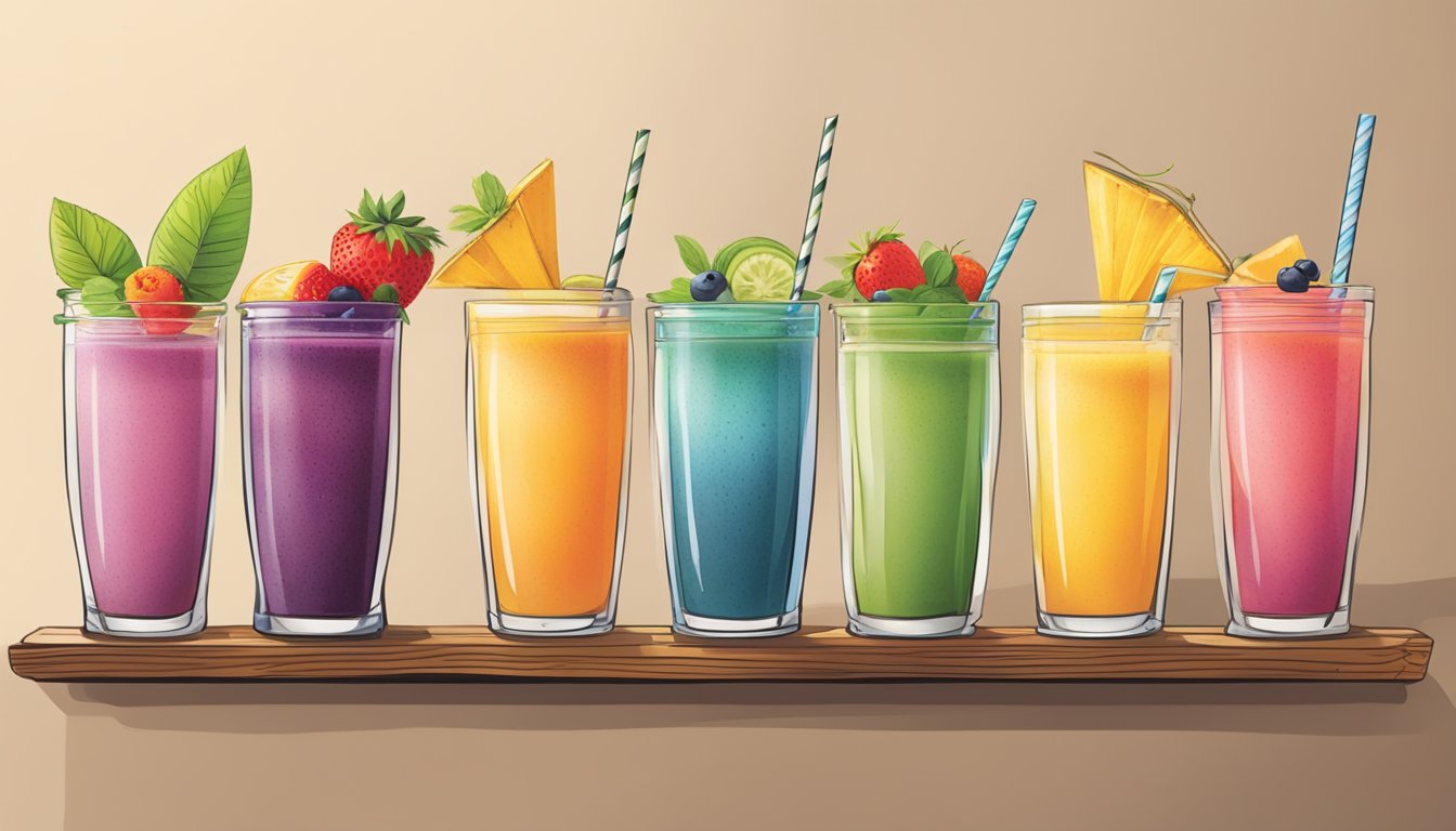 A colorful array of fresh fruit smoothies, herbal teas, and infused waters displayed on a rustic wooden table at Panera Bread