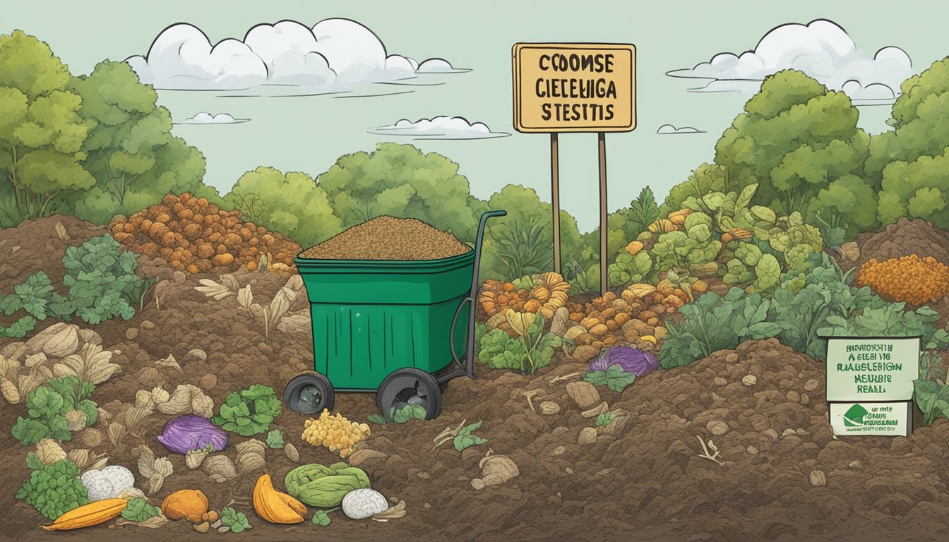 A compost pile with a sign listing materials to avoid, including quiche