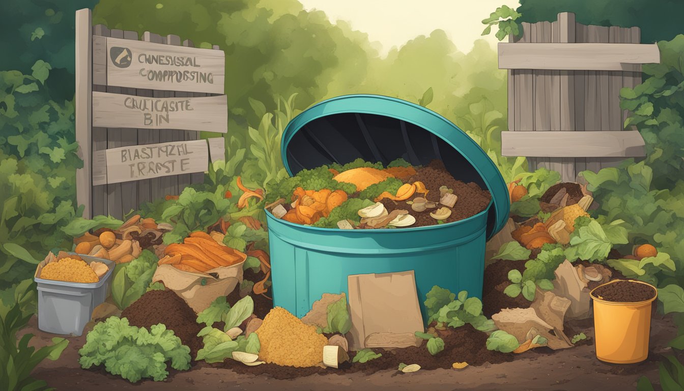 A compost bin filled with various food scraps, including a discarded quiche, surrounded by signs indicating controversial composting items