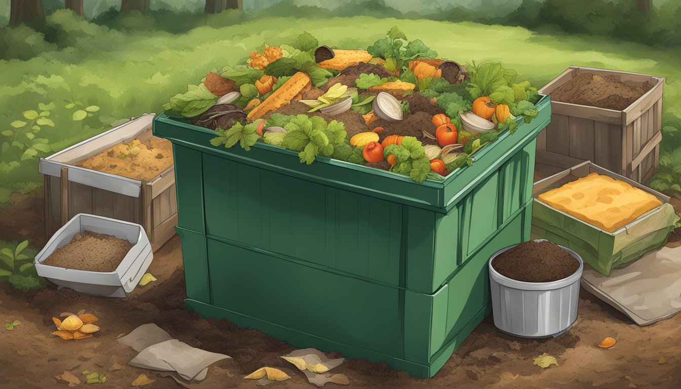 A compost bin with a mix of organic waste, including a discarded quiche, surrounded by a variety of composting materials