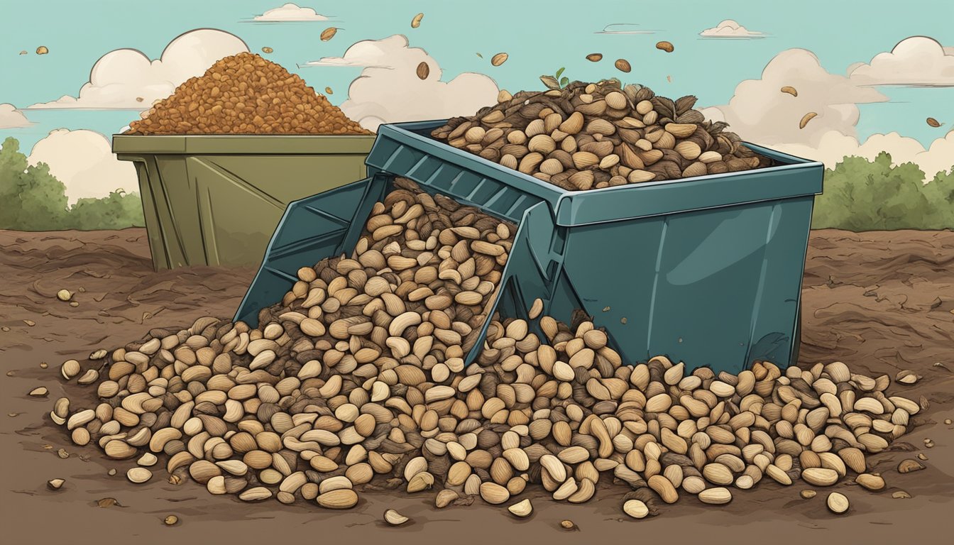 A pile of peanut shells decomposing in a compost bin, surrounded by various organic waste and soil. The shells are breaking down and contributing to the environmental impact of composting