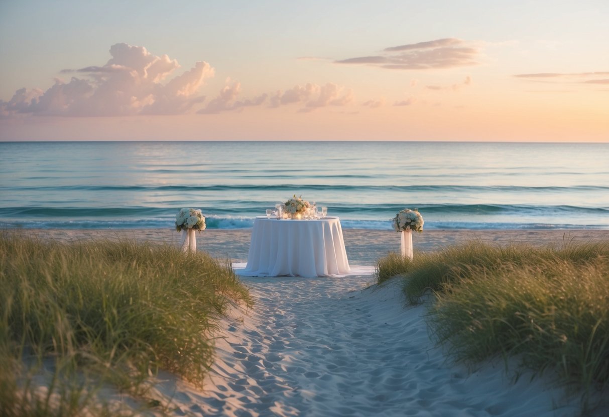 A serene beach at sunset, with a table set for a wedding reception and a path leading to the ocean