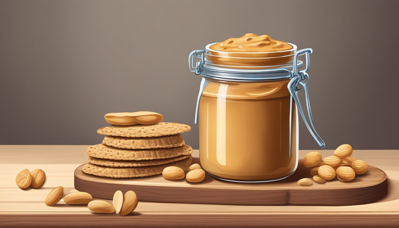 A jar of natural peanut butter surrounded by fresh peanuts and a variety of whole grain crackers on a wooden cutting board