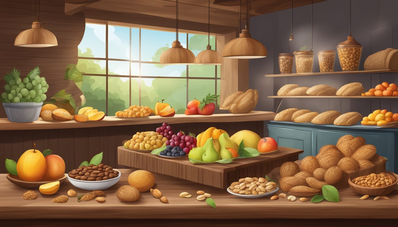 A variety of fresh fruits, nuts, and whole grain baked goods displayed on a wooden table in a cozy bakery setting