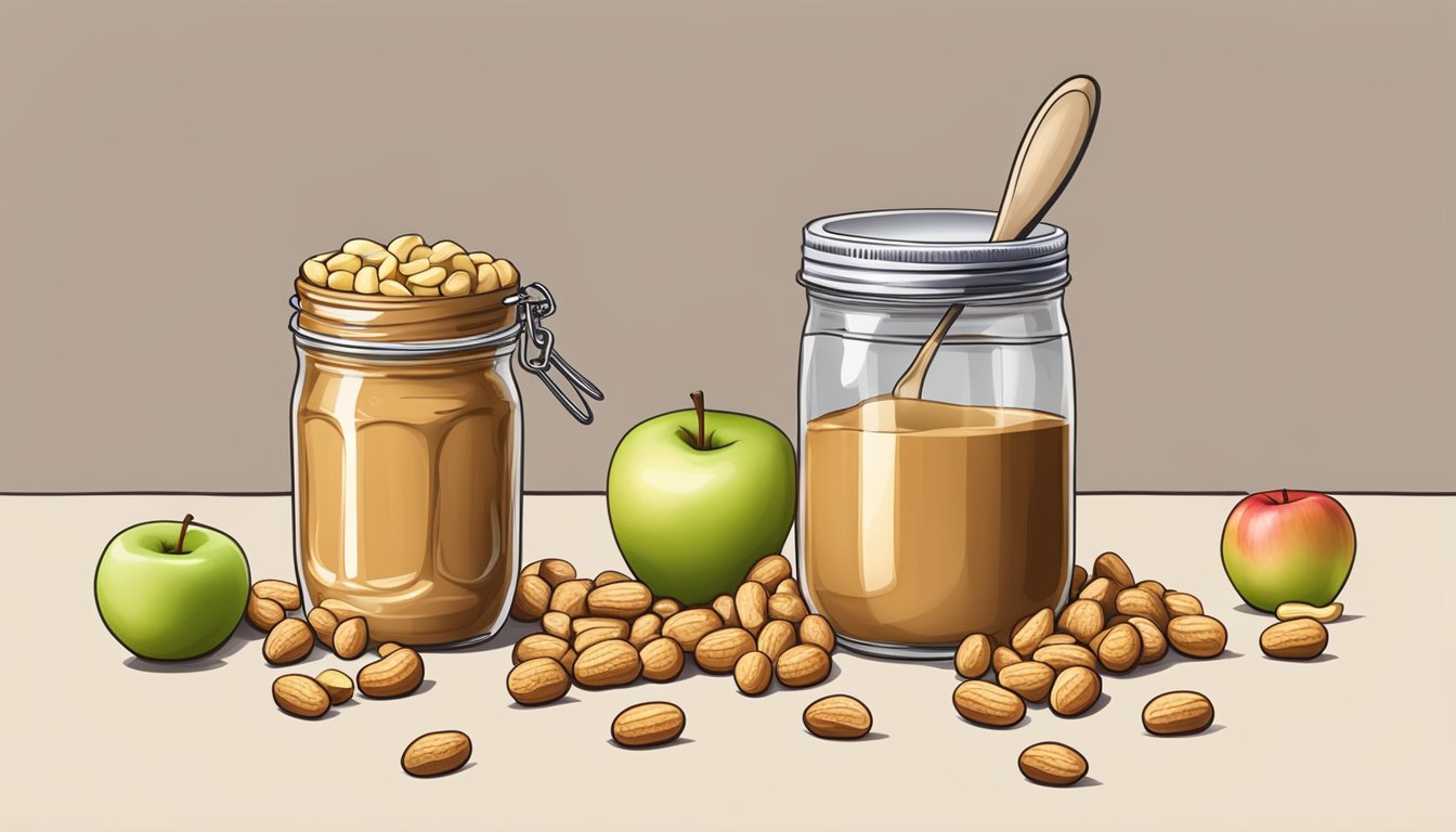 A jar of peanut butter surrounded by peanuts, a spoon, and a sliced apple