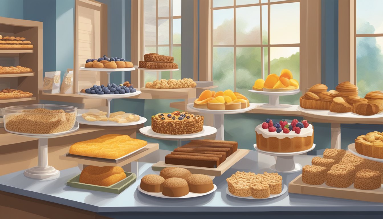 A bright, inviting bakery display showcases a variety of freshly baked, healthy options, including whole grain breads, colorful fruit tarts, and nut-filled granola bars