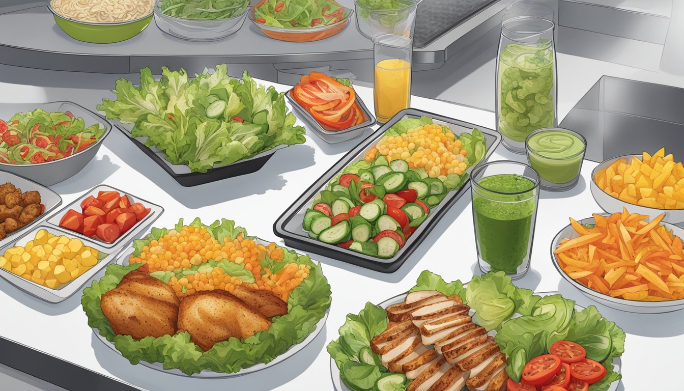 A colorful display of fresh salads, grilled chicken, and vegetable sides at a modern Wendy's restaurant in 2023