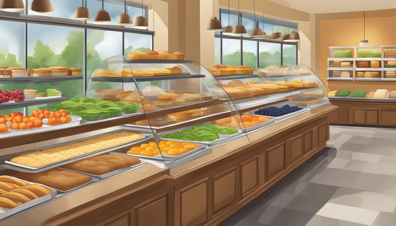 A bright, inviting bakery display showcases a variety of fresh, colorful and healthy options, including whole grain breads, fruit tarts, and vegetable-packed quiches