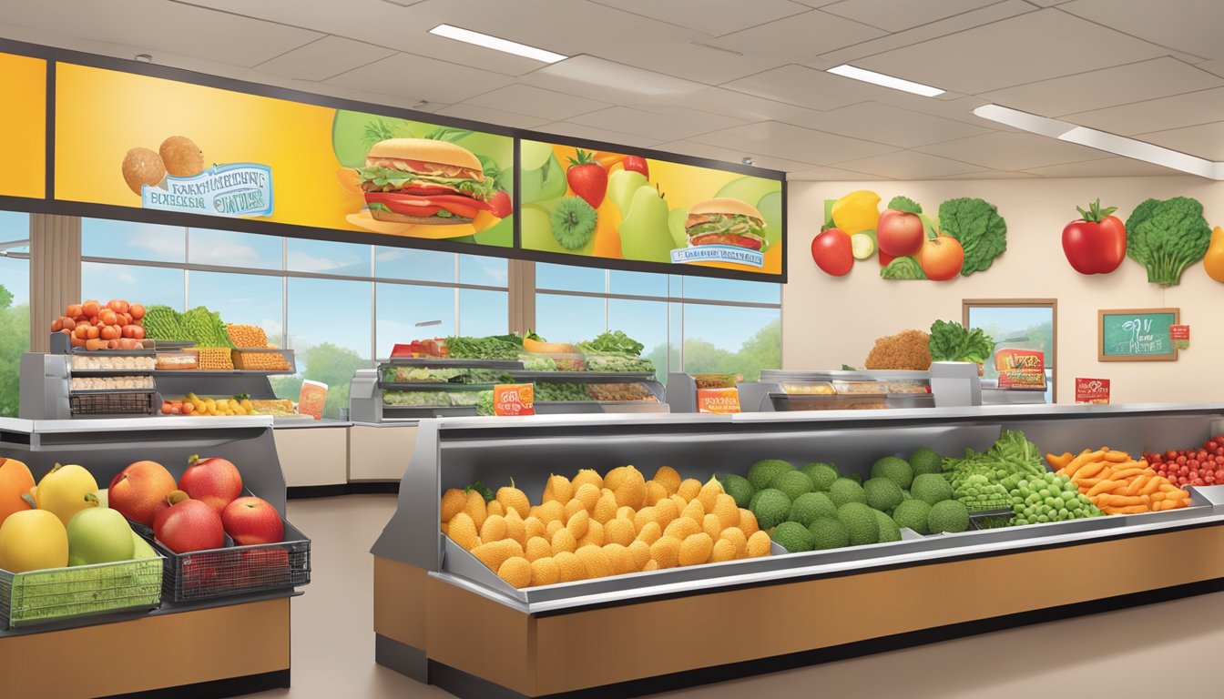 A colorful and inviting display of fresh fruits, vegetables, and whole grains at a Wendy's restaurant, showcasing their child-friendly healthy choices for 2023