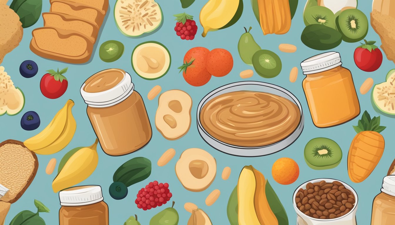 A jar of peanut butter surrounded by a variety of healthy foods such as fruits, vegetables, and whole grain bread