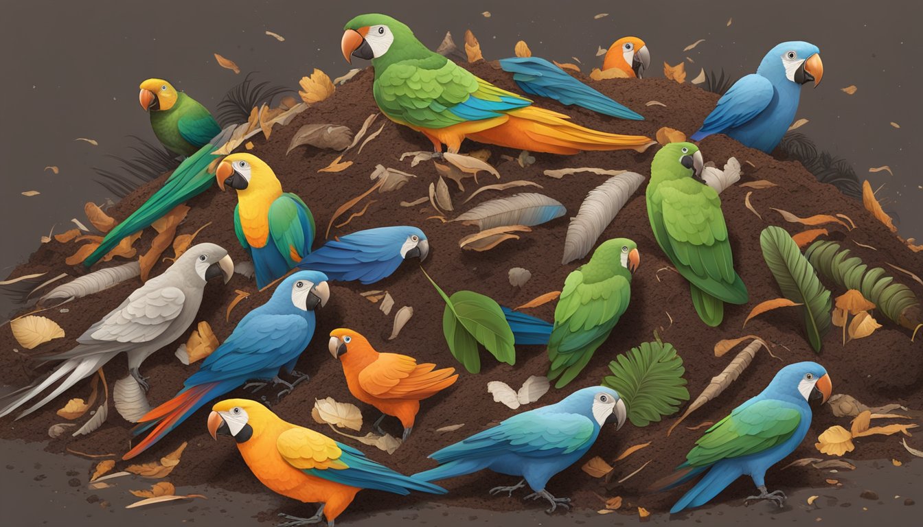 A pile of parrot feathers mixed with organic waste in a compost bin, surrounded by earthworms and other decomposers