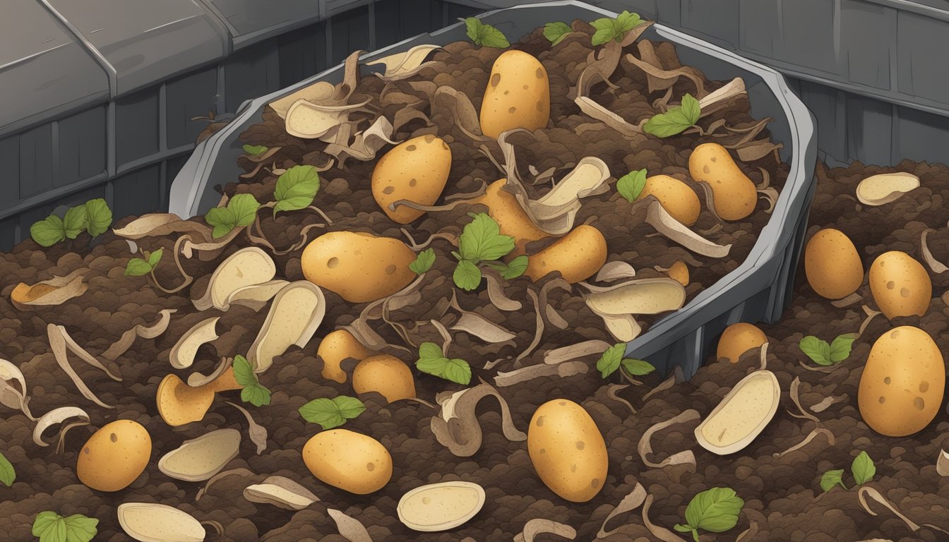 Potato peels and other organic waste pile up in a compost bin, surrounded by earthworms and decomposing material