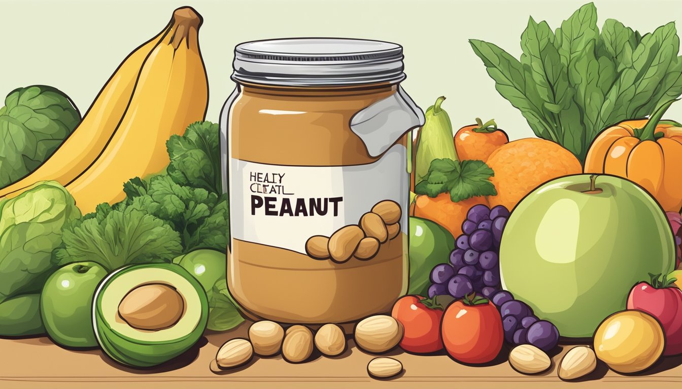 A jar of peanut butter surrounded by a variety of fresh fruits and vegetables, with a focus on promoting healthy eating options