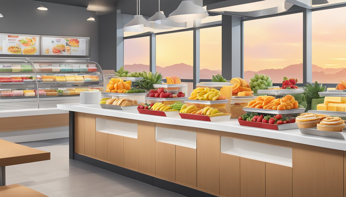 A colorful array of fresh fruit, yogurt parfaits, and whole grain breakfast sandwiches are displayed on a modern, sleek counter at Wendy's in 2023