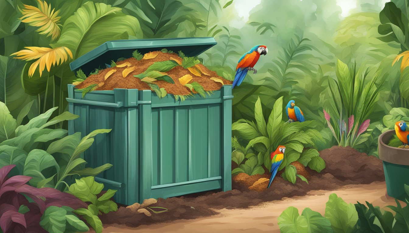 A compost bin filled with organic waste, including parrot feathers, surrounded by thriving plants and rich soil