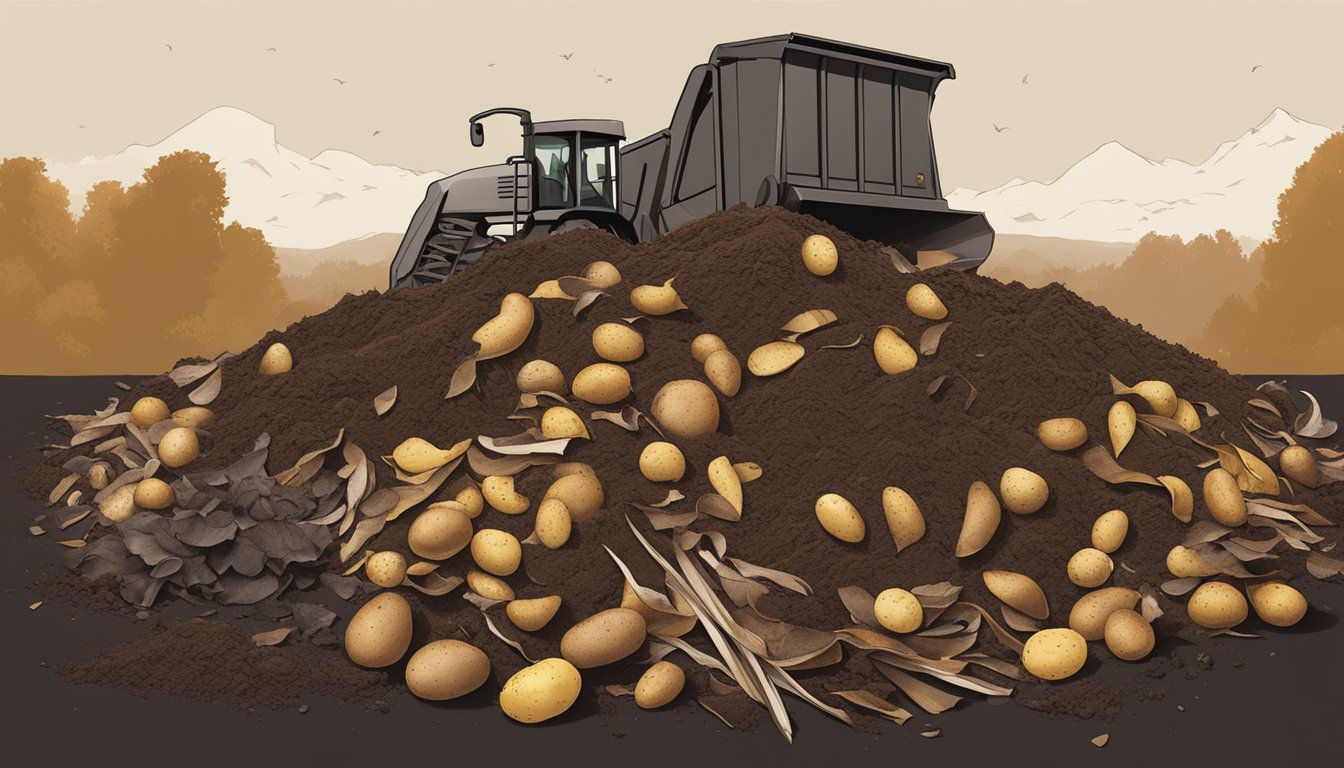 Potato peels being mixed into a pile of rich, dark finished compost, surrounded by earthy tones and organic matter