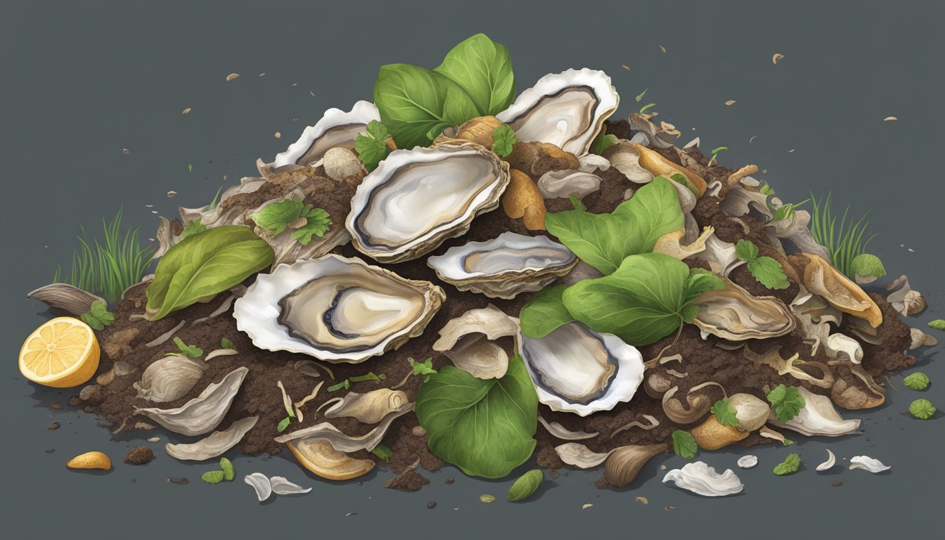 A pile of compostable materials, including oyster shells, surrounded by a mix of green and brown organic waste, with worms and microorganisms breaking down the materials