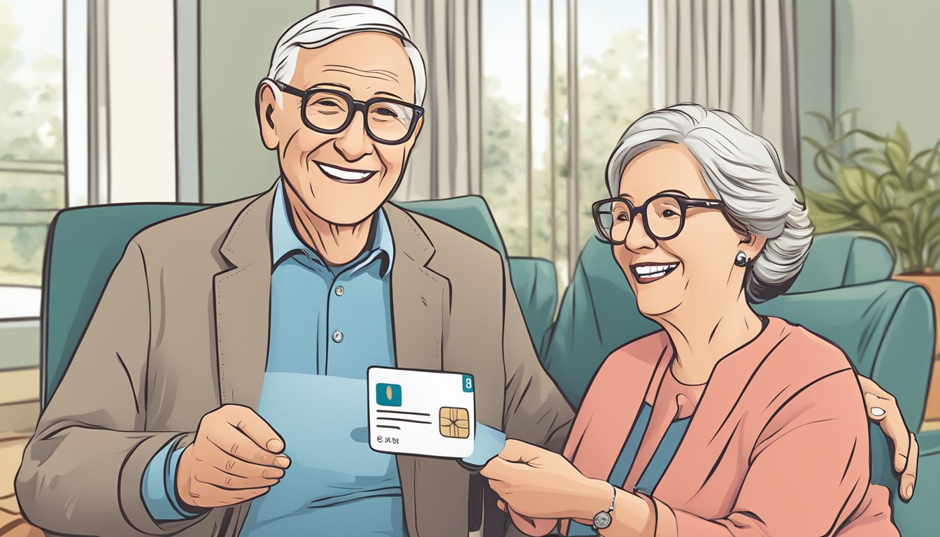 A senior couple discussing Medicare Advantage options while holding a Humana healthy options card